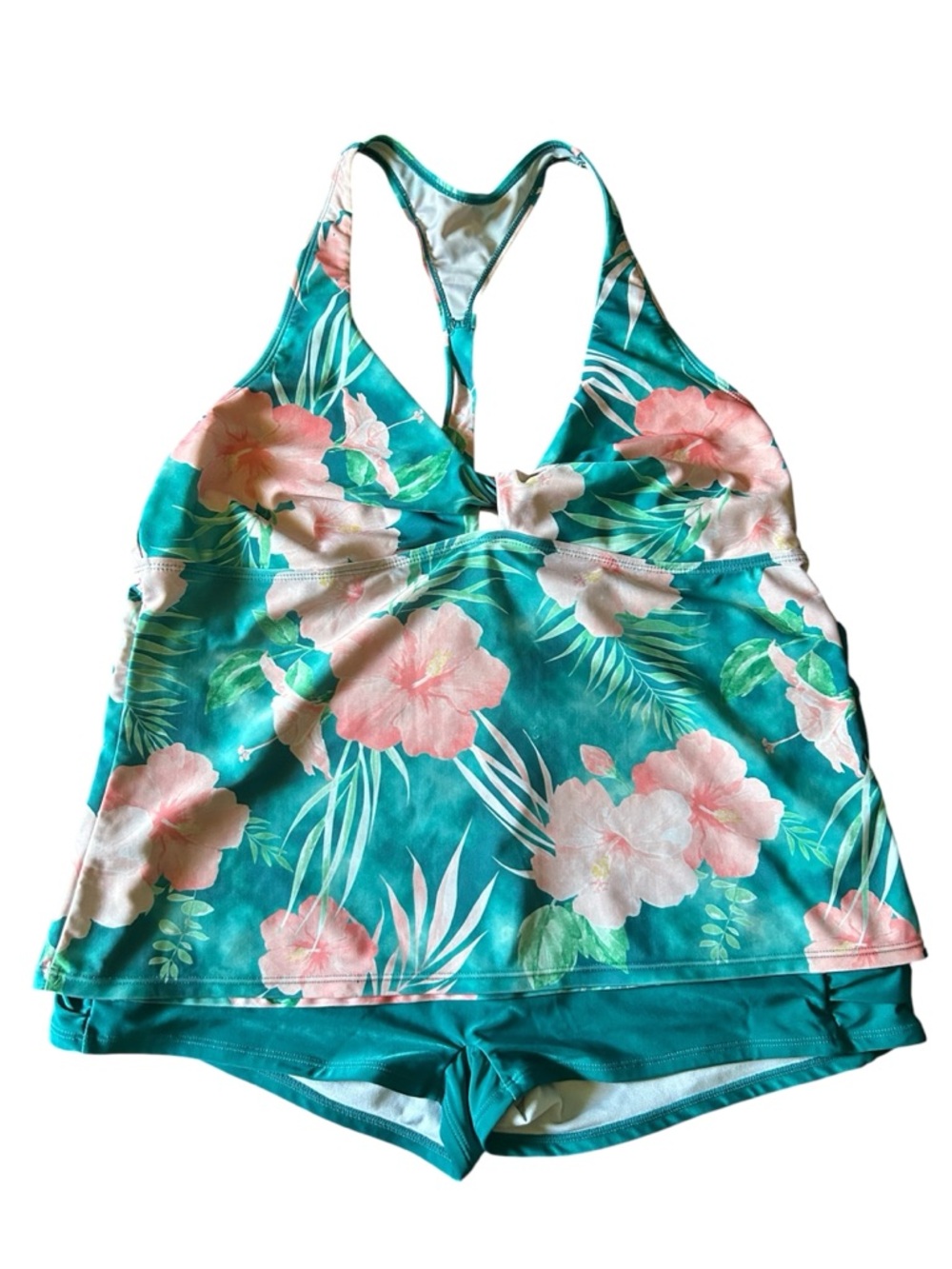 Ocean + Coast Ray Of Light Teal & Peach Hibiscus Palm Leaf 2 Piece Tankini Set